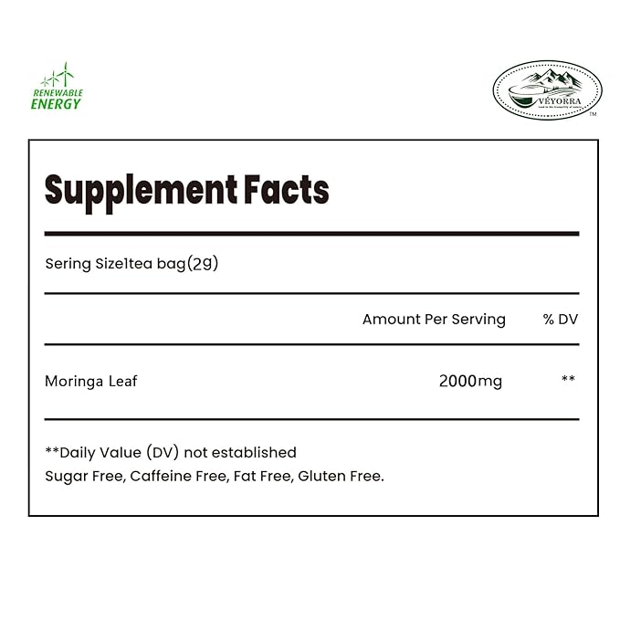 Veyorra Moringa Tea,Loose Leaf Moringa Herbal Tea. No Sugar, No Caffeine, No Gluten, Vegan(30 Bags)