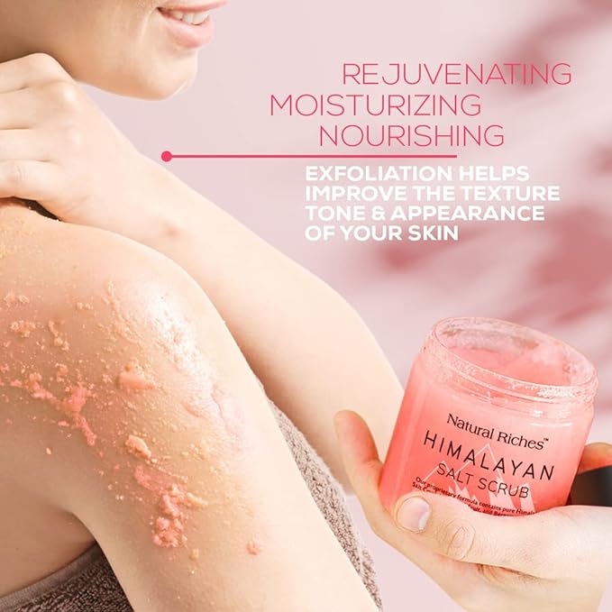 Natural Riches Himalayan Pink Salt Body Scrub, Exfoliating Salt Scrub for Women & Men, Deep Cleansing Body Exfoliant with Lychee & Bergamot Essential Oil – Natural Skin Polish for Smooth, Radiant Glow
