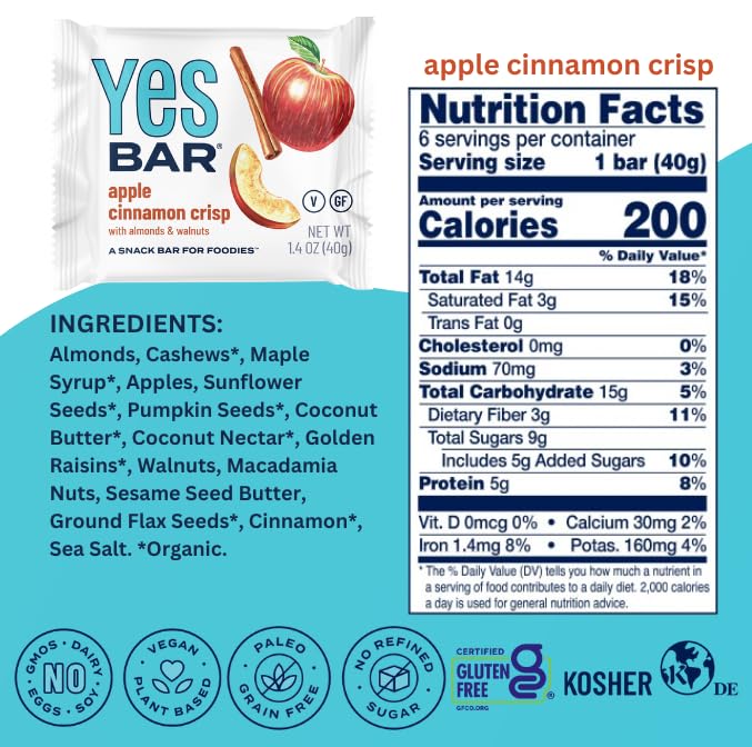 The YES Bar – Apple Cinnamon Crisp – Plant Based Protein, Decadent Snack Bar – Vegan, Paleo, Gluten Free, Dairy Free, Low Sugar, Healthy Snack, Breakfast, Low Carb, Keto Friendly (24 Count)