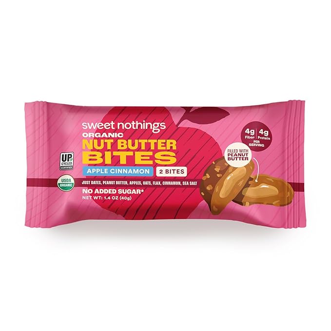 Sweet Nothings, Apple Cinnamon, USDA Organic Nut Butter Bites Protein Bar, Nut & Date Snack, Filled with Peanut Butter, 12-2 Bite Value Packs - No Added Sugar, Plant Based, Vegan, Only 7 Ingredients