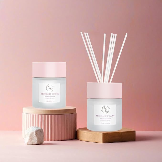 Reed Diffuser Set, Pretty Valley Home Diffuser 100Ml / 3.38fl OZ Gift Box - Includes Reed Diffuser Sticks, Fragrance Oil, and Glass Bottle for Bathroom Office Living Room Decor (White Peach & Oolong)