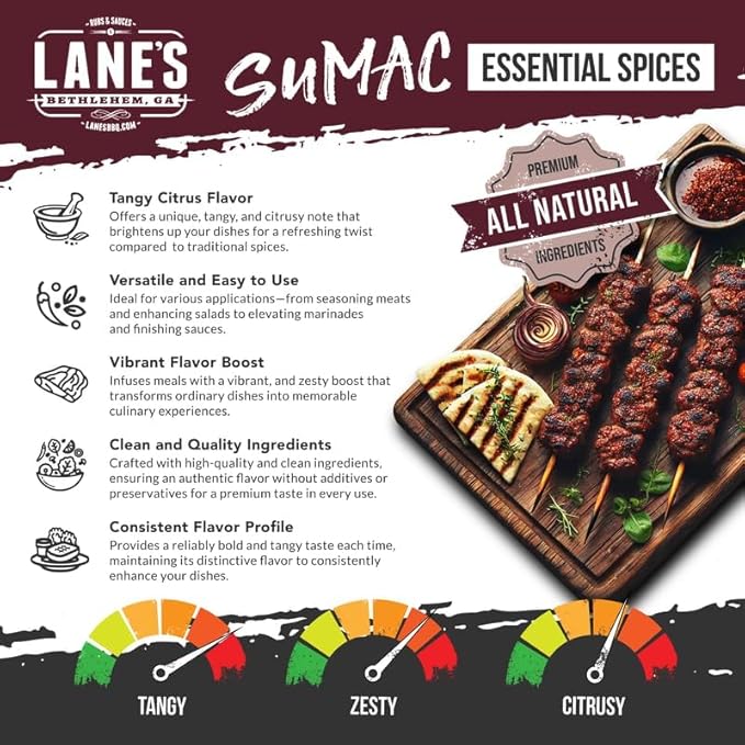 Lane's Ground Sumac Spice, 8.5 oz - Bold & Tangy Sumac Seasoning Powder, Gluten-Free, Authentic Middle Eastern & Mediterranean Spices, Perfect for Meats, Salads, Marinades & Zesty Recipes, Made in USA