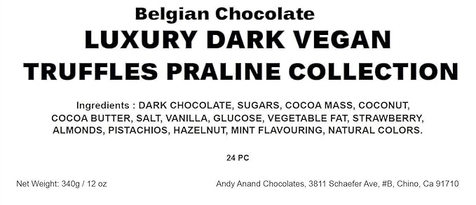 Andy Anand Luxury Vegan Dark Chocolate Gluten Free Truffles Praline Collection (24 Pieces), Dairy Free, Soy Free, Sesame Free, Allergy Friendly, Delicious Decadent Belgian Truffles