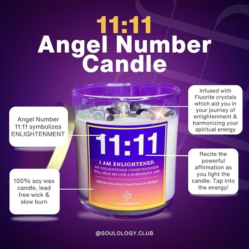 11:11 Angel Number Candle, 10oz, Crystal candle, 100% Soy Wax & Phthalate-Free Fragrance candles, Gifts candles for women, Angel Number Gift, Healing Candle, Spiritual Candle