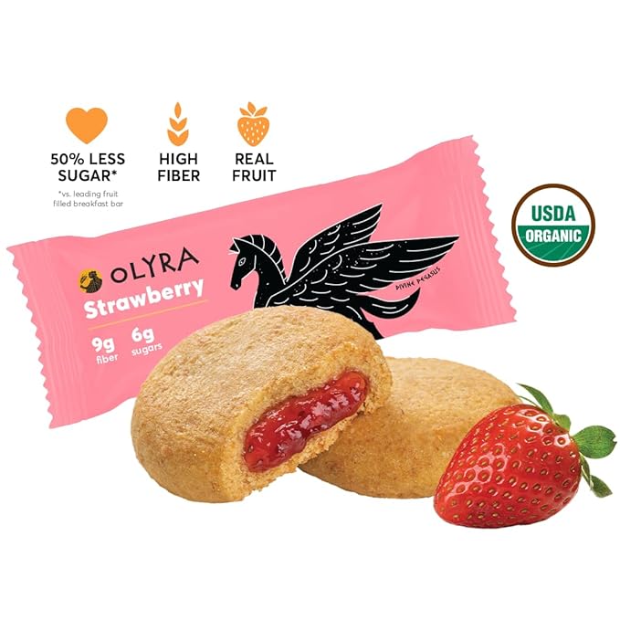 Olyra Strawberry Organic Fruit Bars, Prebiotic High Fiber Snack, Gut Health, Fruit Filled & Whole Grain Bites, Kids Healthy Snacks, Low Sugar, Vegan, USDA Certified Organic, Non GMO (Pack of 24)