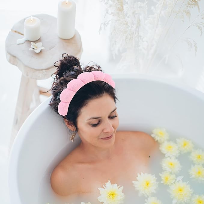 WHAVEL 3 Pack Spa Headband Skincare Headbands, Makeup Headband Sponge Terry Cloth Headbands Face Wash Headband Puffy Hair Band for Washing Face Women Girls (Pink)