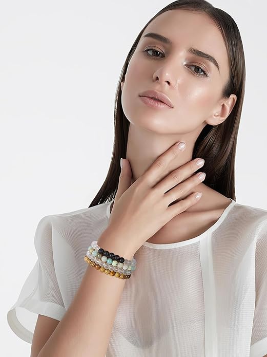 Healing Beaded Bracelets for Women - 6 Pcs Natural Lava Stone Gemstone Crystal Agate Anxiety Stress Relief Yoga Aromatherapy Essential Oil Diffuser Bracelets Mom Wife Friends Gifts