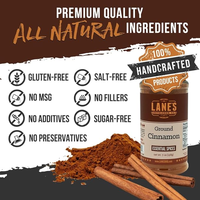 Lane's Ground Cinnamon Seasoning Spice, All-Natural Ground Cinnamon Powder for Coffee, Tea, Culinary Use, and More. Made in USA, 7 oz (198g)