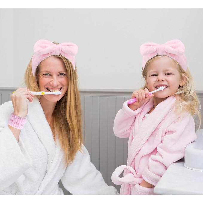 VELSCRUN Spa Headbands for Wash Face, Makeup Headband, Facial Skincare Headbands, 5 Pcs Pink Puffy Sponge Spa Headband Bow Tie Hair Band Hair Clips Wristband Set Women Girls Accessories