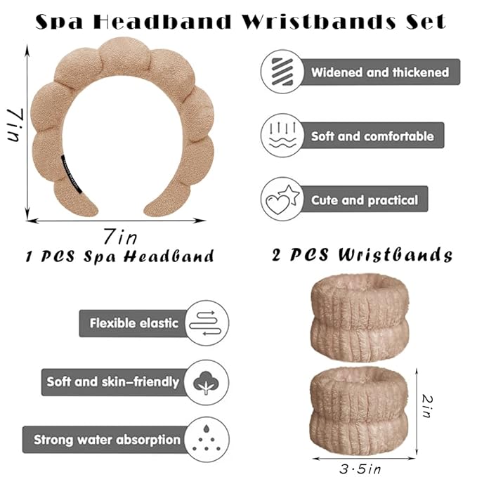 Spa Headbands for Washing Face Wristband Set Sponge Makeup Skincare Headband Wrist Towels Bubble Soft Terry Towel Cloth Hairband for Women Puffy Headwear Non Slip Thick Thin Hair Headwear (Coffee)
