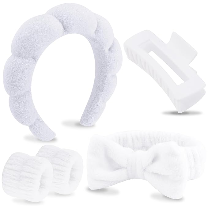 VELSCRUN Spa Headbands for Wash Face, Makeup Headband, Facial Skincare Headbands, 5 Pcs White Puffy Sponge Spa Headband Bow Tie Hair Band Hair Clips Wristband Set Women Girls Accessories