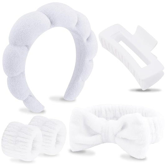 VELSCRUN Spa Headbands for Wash Face, Makeup Headband, Facial Skincare Headbands, 5 Pcs White Puffy Sponge Spa Headband Bow Tie Hair Band Hair Clips Wristband Set Women Girls Accessories
