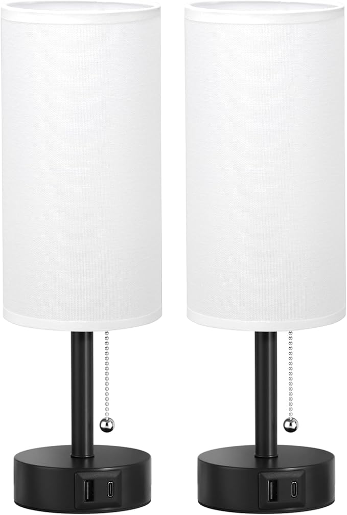 Fenmzee USB Bedside Table Lamps Set of 2-3 Color Temperatures Pull Chain Lamp with USB C and A Charging Ports, Round Night Stand Lamps for Bedroom