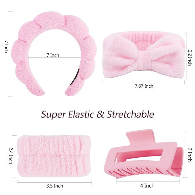 VELSCRUN Spa Headbands for Wash Face, Makeup Headband, Facial Skincare Headbands, 5 Pcs Pink Puffy Sponge Spa Headband Bow Tie Hair Band Hair Clips Wristband Set Women Girls Accessories