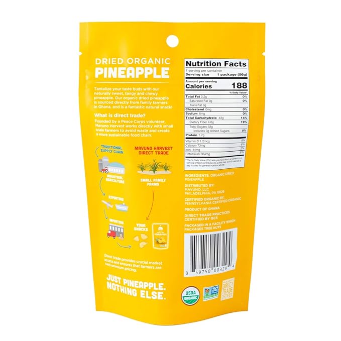 Mavuno Harvest Pineapple Dried Fruit Snacks | Organic Dried Pineapple Chunks| Gluten Free Healthy Snacks for Kids and Adults | No Sugar Added, Vegan, Non GMO, Direct Trade | 2 Ounce, Pack of 6