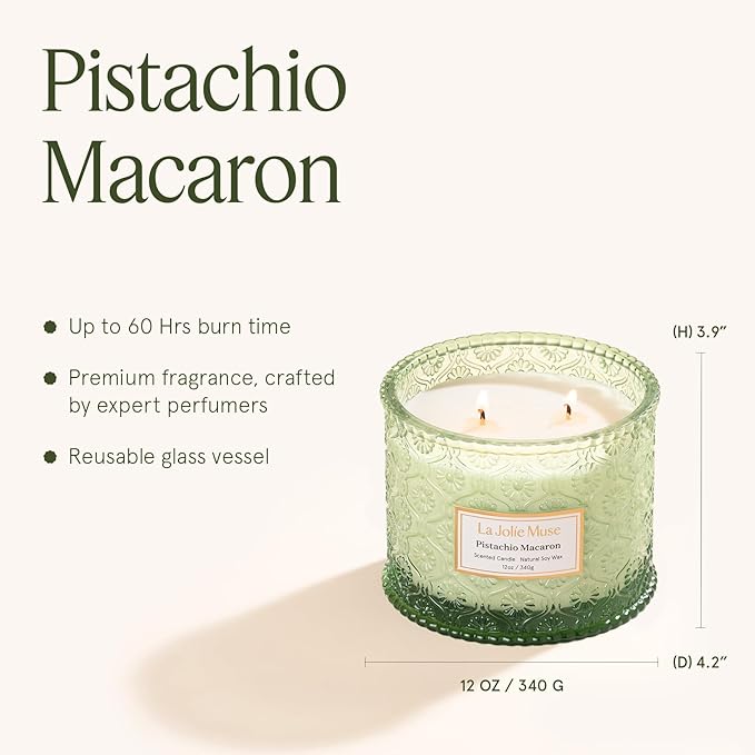 LA JOLIE MUSE Fall Candles | Pistachio Macaron Candle – Pistachio, Milk & Vanilla | 12 oz Double Wick Soy Candle | Natural Soy Wax | 60 Hours Clean Burn | Gift for Dessert Lovers | Seasonal Home Décor