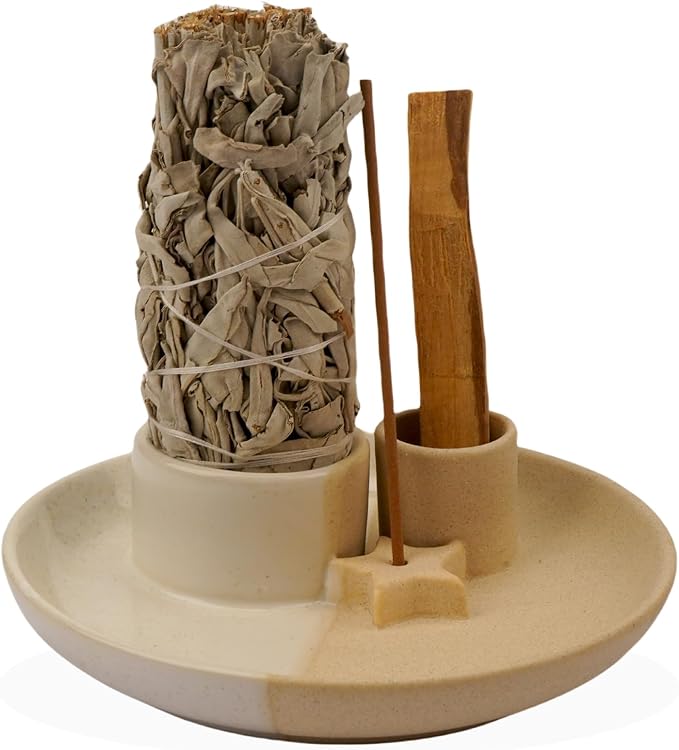 4 in 1 Incense Holder, Ceramic Incense Stick and Palo Santo Holder,Sage Holder for Burning- 5.5" Ceramic Ash Catcher Tray for Meditation and Yoga Room (Star Sand)