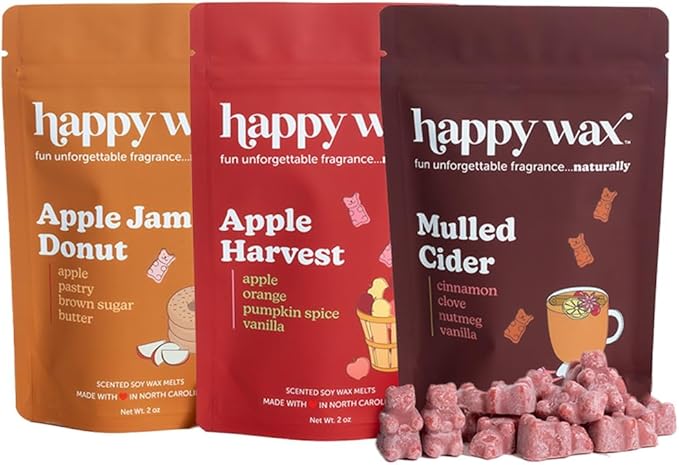 Happy Wax Fall Apple Mix Premium Scented Natural, Non Toxic Soy Wax Melts – 6 Total Oz. of Scented Wax Melts. Includes: Apple Jam Donut, Apple Harvest, Mulled Cider
