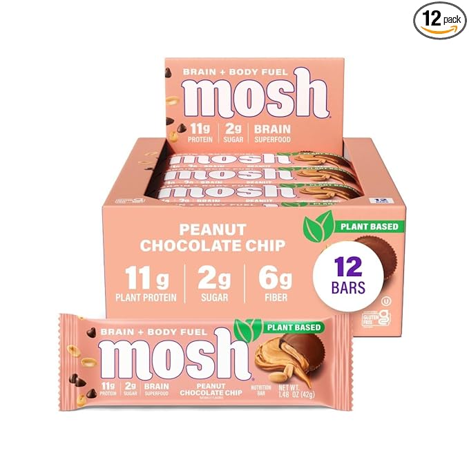 MOSH Peanut Chocolate Chip Vegan Protein Bars, Plant Based, Keto, Gluten Free, Brain Healthy Snack with Cognizin, Ashwagandha and Lion's Mane, 12 Count