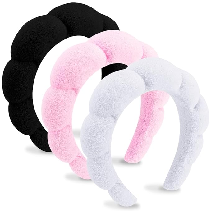 AOPRIE SPA Headbands for Washing Face Makeup Headbands with Bow Hair Band Women Facial Head Band Wrist Towel Wraps For Shower Face Mask Black Pink White, 3 Pack
