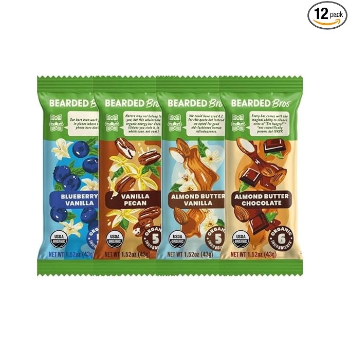 Bearded Brothers, Organic Vegan Protein Energy Bars, 4 Flavor Variety (12 Pack) - Gluten Free, Paleo, Fiber, Whole 30 | Non GMO Low Glycemic Snacks (Packaging May Vary)