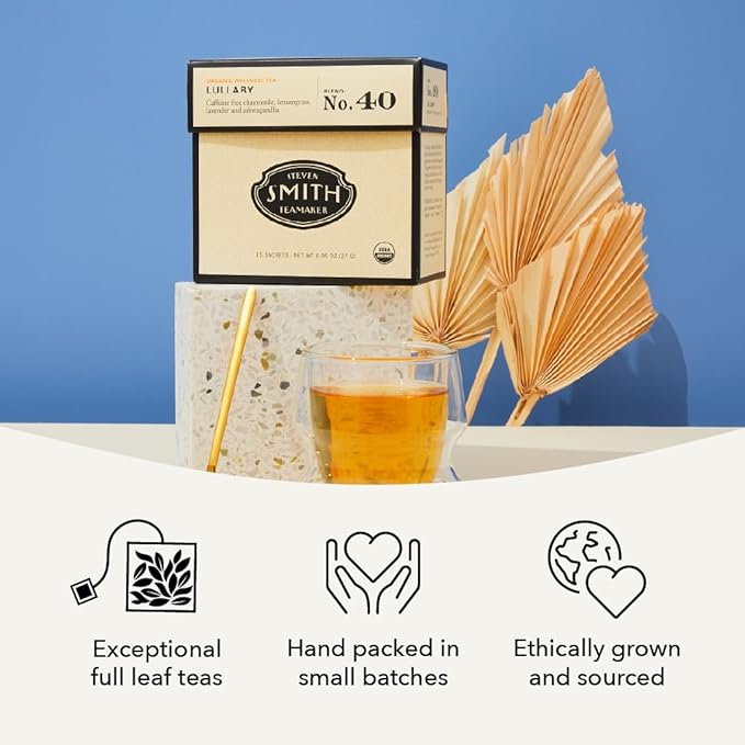 Steven Smith Teamaker Lullaby No. 40, Chamomile, Lemongrass, Lavender, Ashwagandha, Caffeine-Free, Organic Relaxing & Bedtime Wellness, Sugar-Free, Herbal Tea Bags, 15 Sachets, 0.95oz each