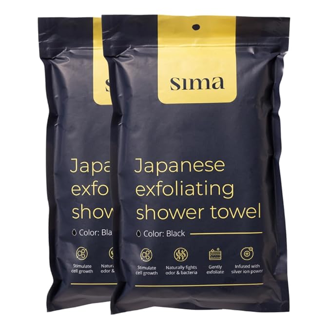 Exfoliating Washcloth Face & Body Scrub Towel - Japanese Exfoliating Towel with Hexagon Fibers, Body Scrubber with 2 Sides for Scrubbing & Washing, Extra Long (Black, 2 Pack)