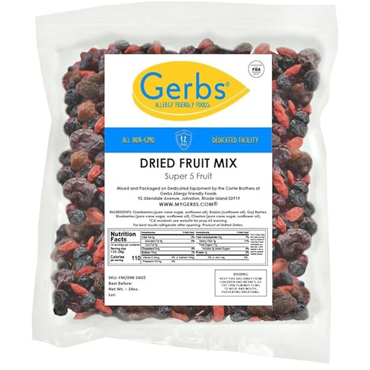 Gerbs Super 5 Dried Fruit Snack Mix 14 oz. | Unsulfured, No Additives, Resealable Bag | Naturally Chewy & Fruit-Forward Blend | Top 14 Allergen-Free