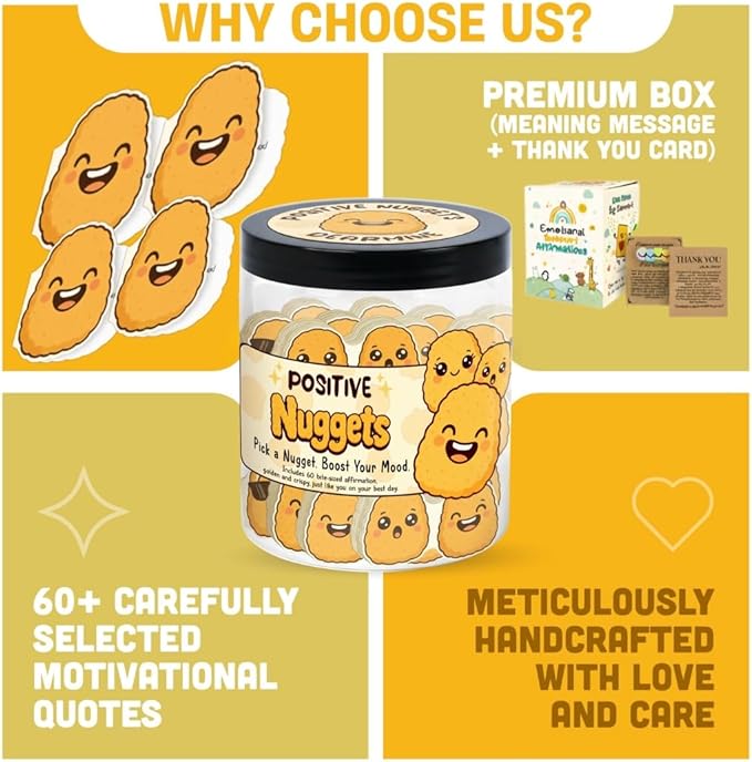 60 Positive Nuggets Card Jar, Affirmation Cards For Women, Men, Teens, Emotional Support Nuggets, Chicken Nuggets, Chicken Nuggets Gifts, Chicken Nugget Bracelet, Teen Girl Gifts Trendy Stuff