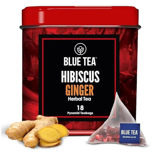 BLUE TEA - Hibiscus Tea - 18 Count - Ginger - Pyramid Plant Based Tea Bag | SKIN GLOW ENHANCING TEA | Herbal Tea - Tangy & Spicy - Flower Based - Caffeine Free - Vegan | Reusable Tin Pack