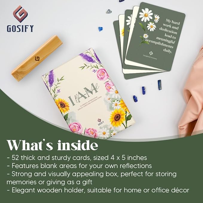 52 Positive Floral Affirmation Cards for Women with Display Stand - Mindful Affirmations to Build Success - Daily Growth Challenges & Inspiration - Mindfulness & Self Care Gift for Women, Men