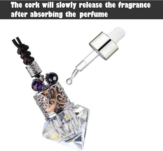 Car Air Freshener Diffuser Hanging Ornament, Diamond-Shaped Empty Crystal Bottle Car Mirror Hanging Accessories, Elegant Bottle Pendant with Wooden Caps Rear View Mirror Accessories