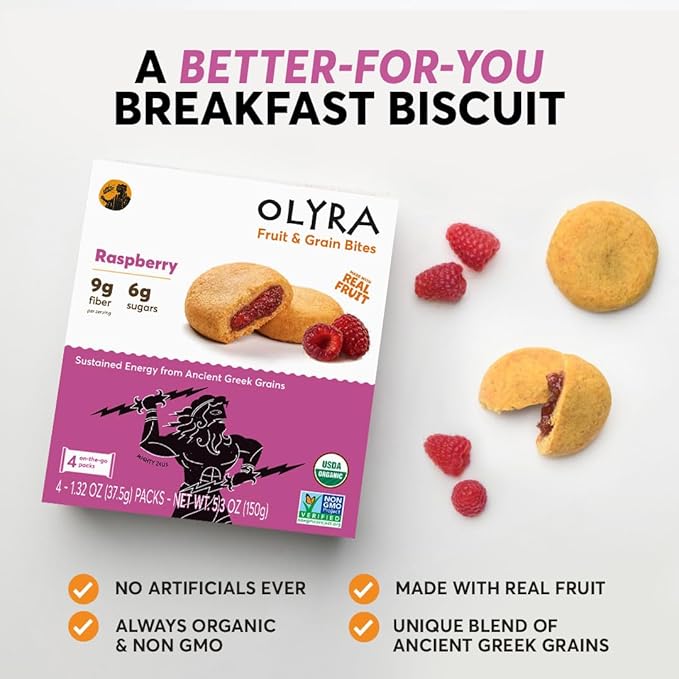 Olyra Raspberry Organic Fruit Snacks, Healthy Snacks for Adults and Kids, High Fiber Cookies, Low Sugar, Vegan, Office Breakfast Bars, USDA Certified Organic, Non GMO (Pack of 12)