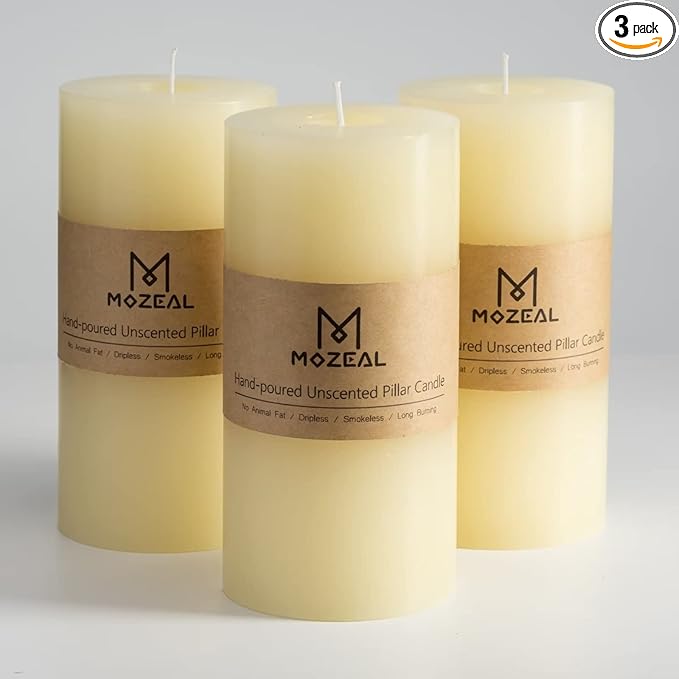 MOZEAL 3" x 6" Hand-Poured Unscented Candle,Dripless Pillar Candle Set of 3,Long Lasting Burning,Approx 120 Hours Burn Time,Rustic Country Style,for Wedding,Dinner,Christmas and Home Decor,Ivory