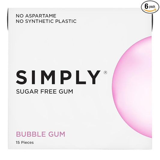SIMPLY Gum | Dental Gum | Sugar Free Xylitol Chewing Gum | Bubblegum | Pack of Six (90 Pieces Total) | Synthetic Plastic Free + Sugar Free + Aspartame Free