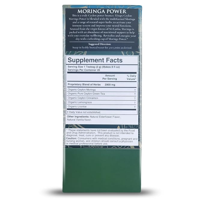Tรฉrapy Ceylon Organic MORINGA TEA | USDA Organic Herbal Tea Bags| Helps with Vitality & Antioxidants | 100% Natural Ayurvedic Ingredients | 20 Individually Wrapped Tea Bags