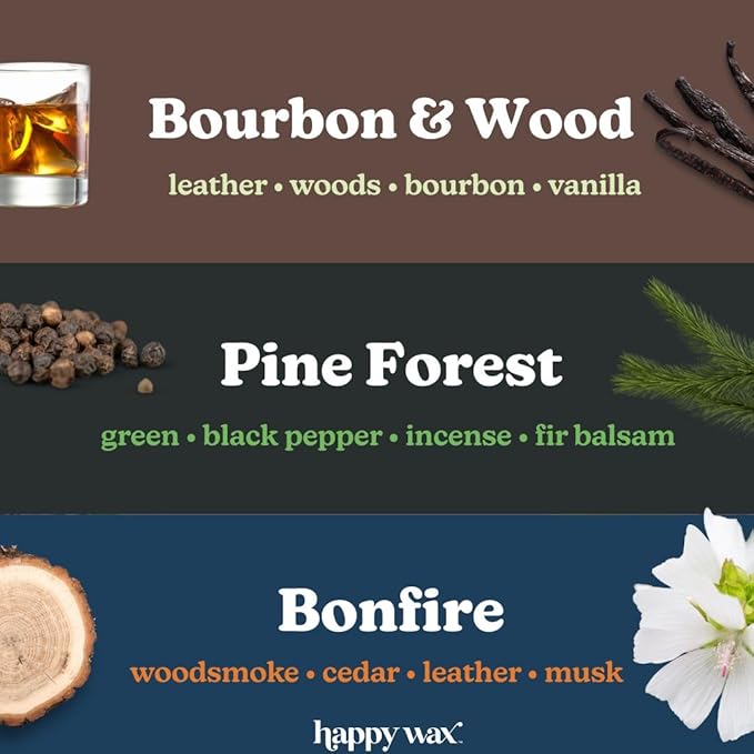 Happy Wax Cozy Cabin Winter Scented All Natural, Non Toxic Soy Wax Melts; 6 Total Oz. of Scented Wax Melts, Collection Includes Bonfire, Bourbon &Wood and Pine Forest