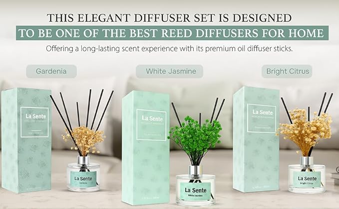 Reed Diffuser Set, Glass Bottle with Black Rattan Sticks, Dried White Flowers, 6.7fl oz, 200ml (Bamboo)