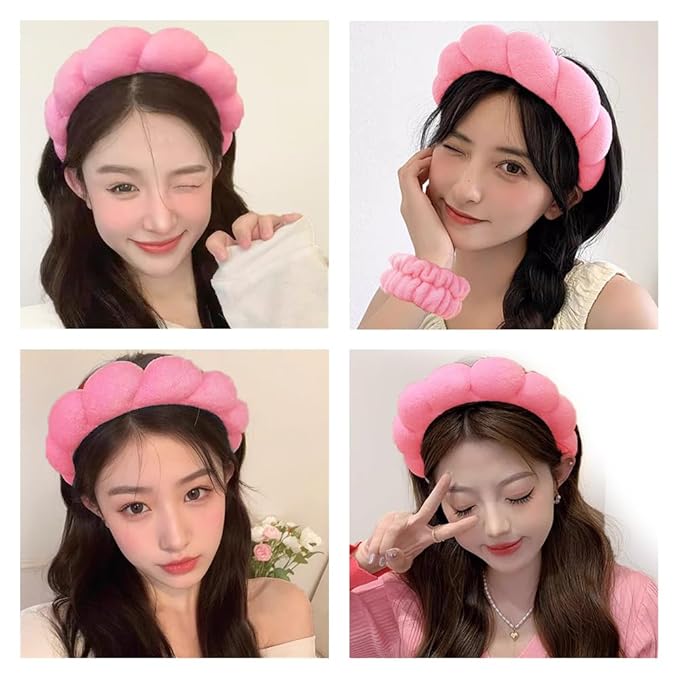 Spa Headbands for Washing Face Wristband Set Sponge Makeup Skincare Headband Wrist Towels Bubble Soft Terry Towel Cloth Hairband for Women Puffy Headwear Non Slip Thick Thin Hair Headwear (Rose red)
