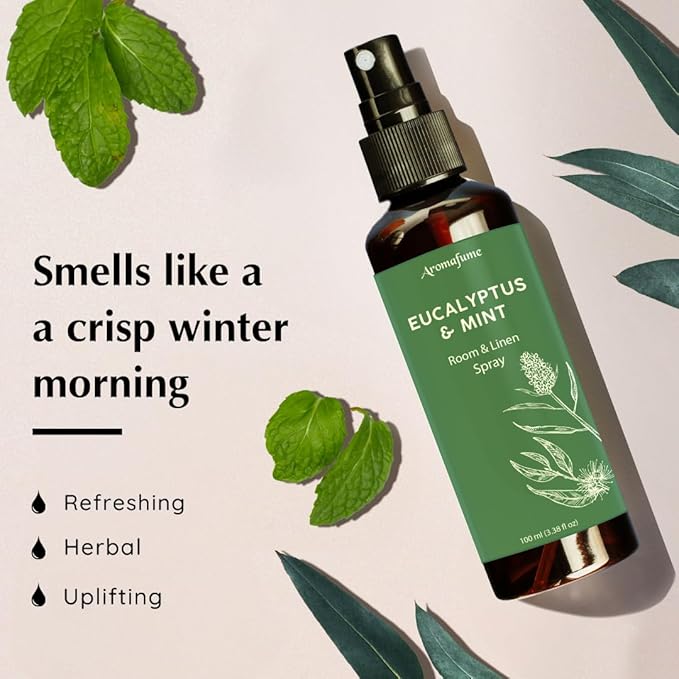 Eucalyptus & Mint Room, Linen & Pillow Spray by Aromafume | 100ml/3.38fl oz | with Pure Eucalyptus & Mint Essential Oil | Aromatherapy | Mist for Bedding, Fabrics