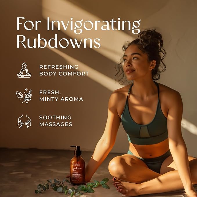 Gya Labs Eucalyptus Mint Massage Oil for Sore Muscles & Deep Relaxation - 6.76 fl oz - 100% All Natural Non-Greasy Body Massage Oil with Argan & Jojoba Oil for Men & Women - Professional & Home Use