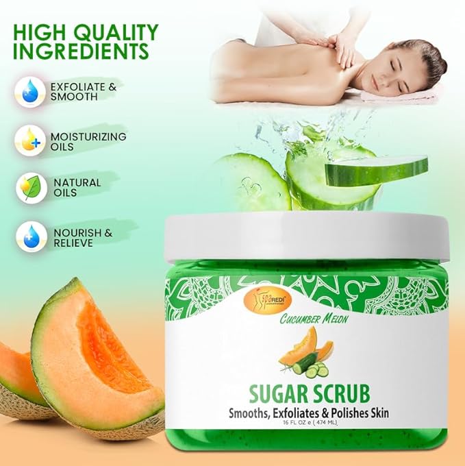 SPA REDI – Sugar Body Scrub, Cucumber Melon, 16 Oz, Exfoliating, Moisturizing, Hydrating and Nourishing, Glow, Polish, Smooth and Fresh Skin - Body Exfoliator