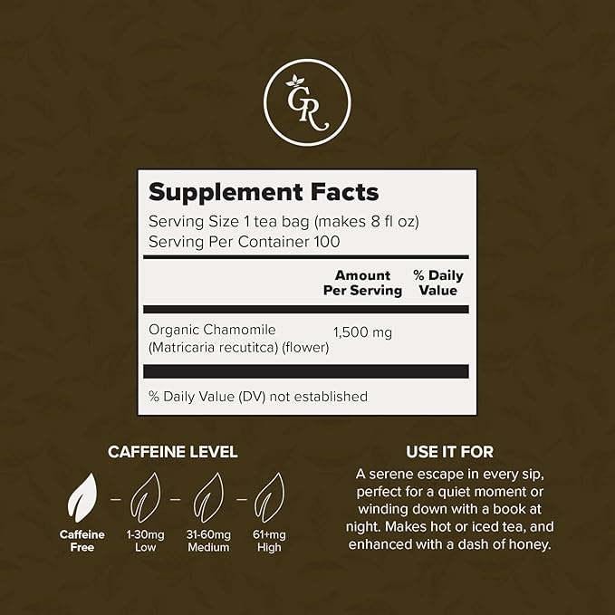 Gourmet Royale Chamomile Tea, 100 Count, Sustainable Tea Bags, Caffeine & Sugar Free, Premium Chamomile from Sri Lanka, Resealable Bag, Pure & Natural, (Pack of 1)