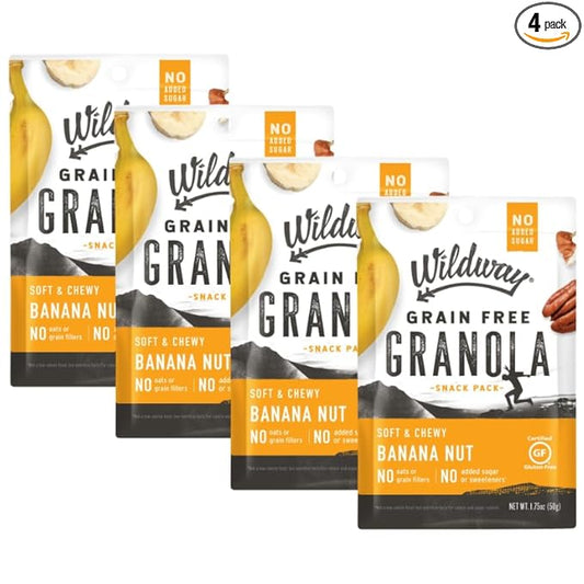 Wildway Keto Granola Snack Packs| Banana Nut | Grain-Free Certified Gluten-Free Cereal | Vegan, Low Carb & No Sugar Added | Paleo-Friendly, Non-GMO Fruit & Nut Clusters | Nutrient-Rich Snack | 4 Pack