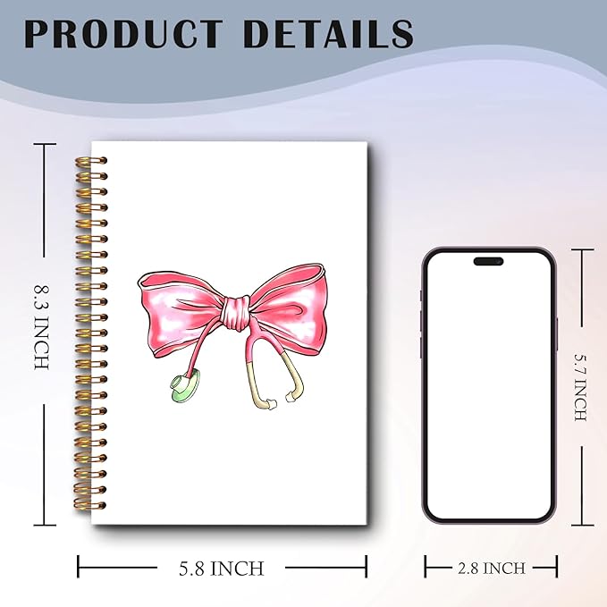 Coquette Pink Bow Nurse Spiral Notebooks, Nurse Appreciation Week Day Gifts Journal, Nursing Supplies for Nurses, Preppy Bow Stethoscope Notebook for Note Taking, 5.5x8.3 Inch