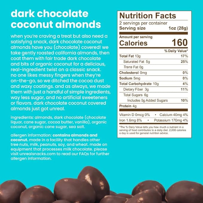 UNREAL Dark Chocolate Coconut Almonds - Certified Vegan, Gluten Free, Fair Trade, Non-GMO, No Sugar Alcohols or Soy, 1.5oz (Pack of 9)