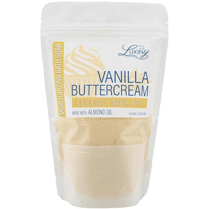 Luxiny Vegan Milk Bath Soak Made with Moisturizing Coconut Milk Powder & Sweet Almond Oil for a Bath Bomb Dust Soothing Fizz & Relaxing Soak, 8 oz. (Vanilla Buttercream)