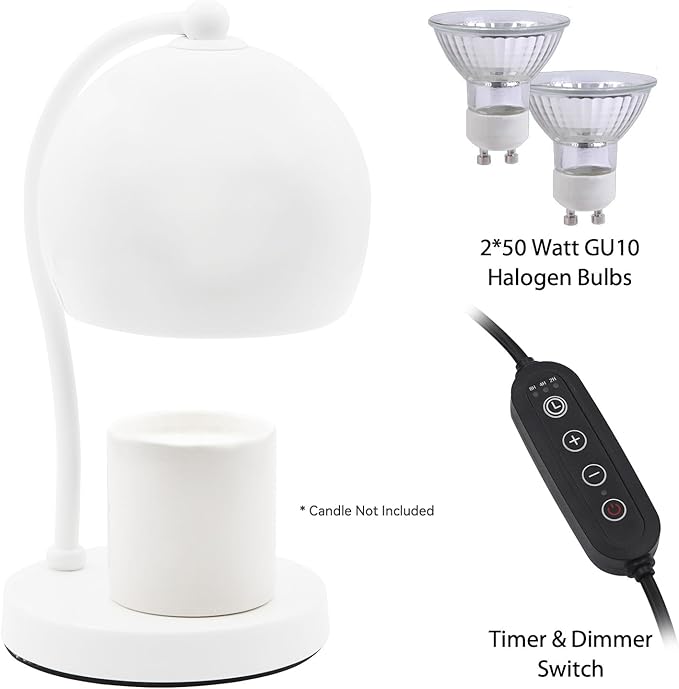 Ceramic Dimmable Candle Warmer Lamp with Timer Fit for Medium Size Candle Jars, Aesthetic Design with 2 Bulbs, House Warming Gifts, New Home Decor, Mother's Day, Birthday Gifts (White)