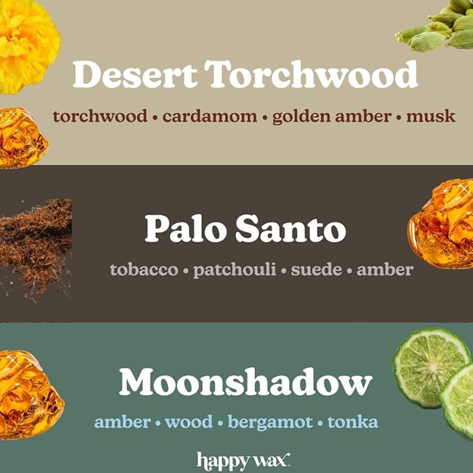 Happy Wax Wanderlust Collection Scented Natural Soy Wax Melts – 6 Total Oz. of Scented Wax Melts, Collection Includes Palo Santo, Desert Torchwood, and Moonshadow