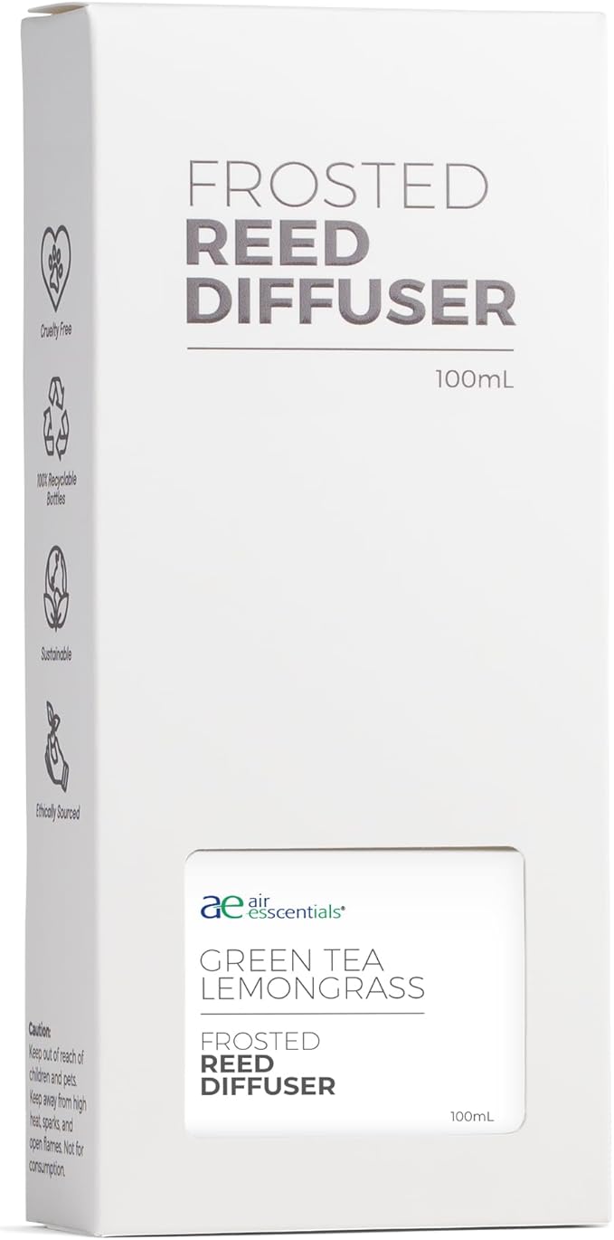 Air Esscentials Frosted Green Tea Lemongrass Reed Diffuser Set - Decorative Fragrance Diffuser & Oil for Bathroom & Home | Long-Lasting Aroma | Natural Scent Sticks | Essential Oils, Botanicals| 100mL